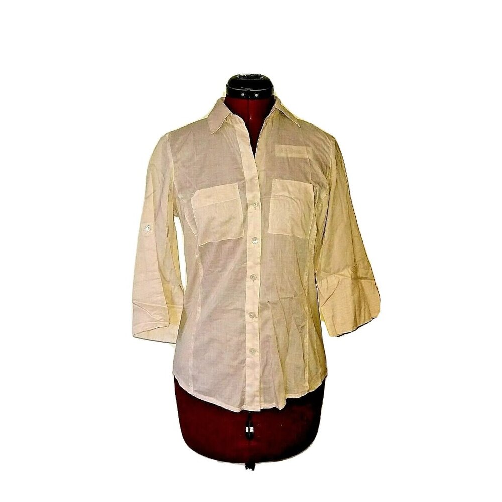Ann Taylor Shirt Beige Women Size 0 Ribbed Sides Cotton 3/4 Sleeve Button Front